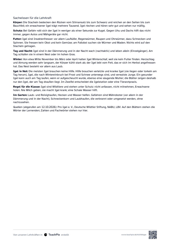 Der Igel: Überblick für Lehrkräfte, Side 2 af 2, Grundniveau, Elevark