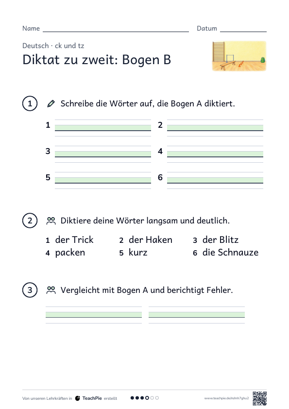 ck und tz: Partnerdiktat Turnhalle, Seite 2 von 2, Basis, Schülerblatt