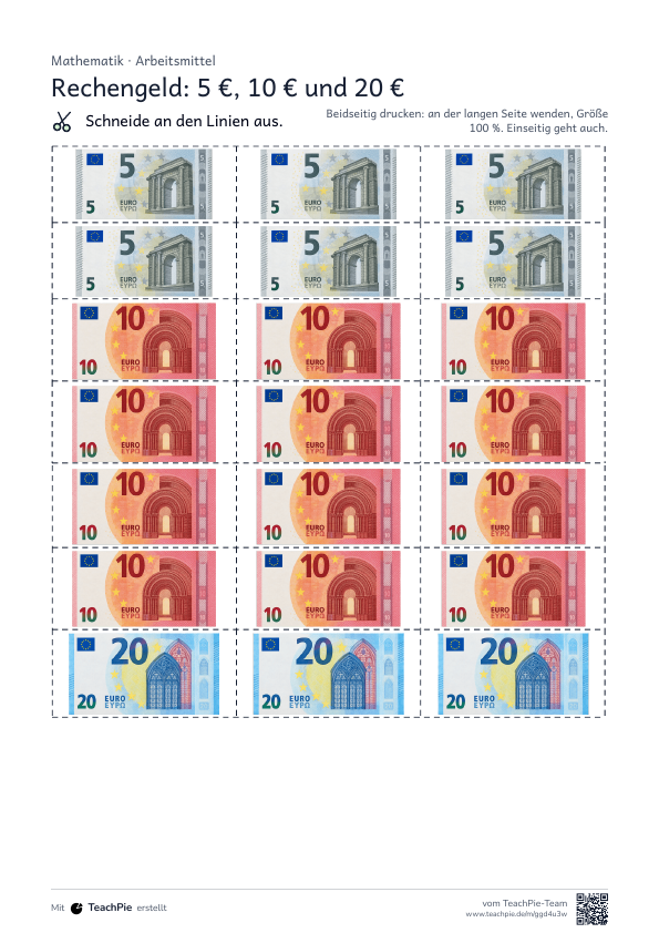 Rechengeld: Scheine und Münzen zum Ausdrucken, Seite 3 von 6, Basis, Schülerblatt