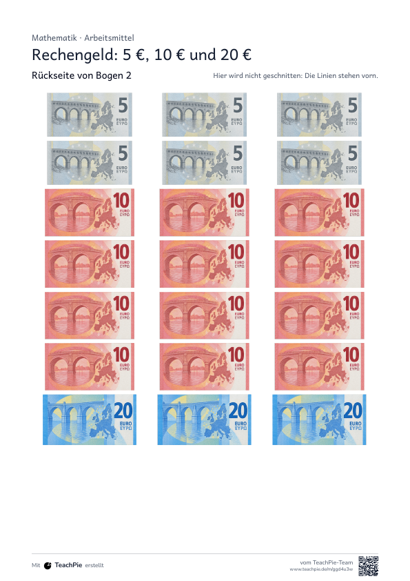 Rechengeld: Scheine und Münzen zum Ausdrucken, Seite 4 von 6, Basis, Schülerblatt