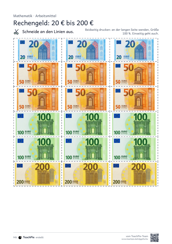 Rechengeld: Scheine und Münzen zum Ausdrucken, Seite 5 von 6, Basis, Schülerblatt