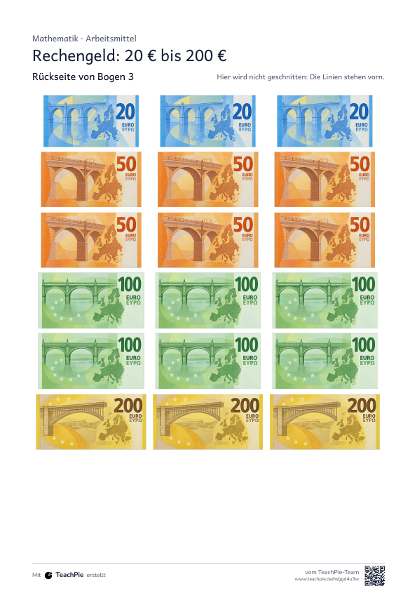 Rechengeld: Scheine und Münzen zum Ausdrucken, Seite 6 von 6, Basis, Schülerblatt