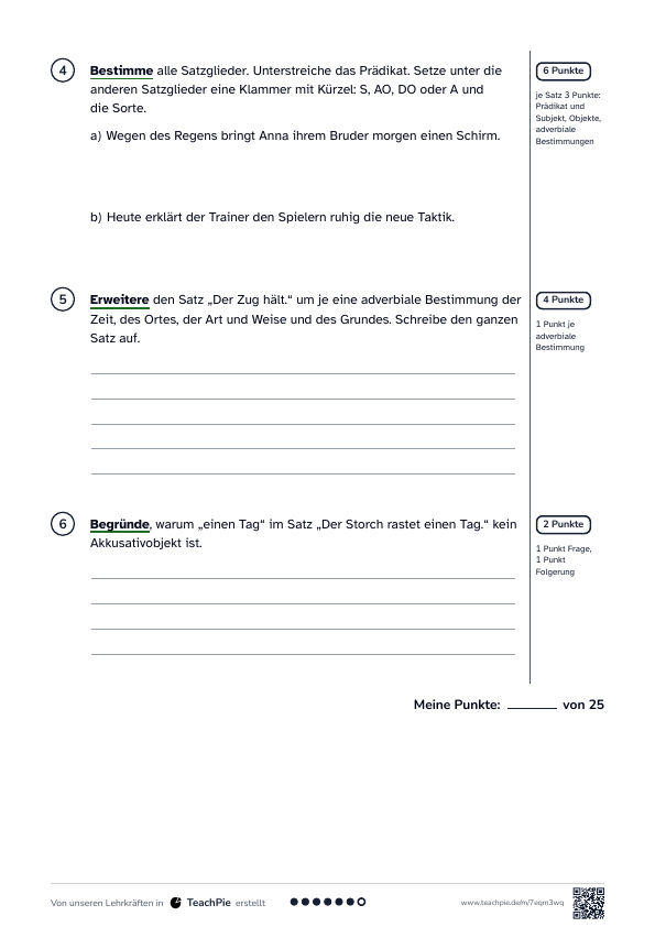 Adverbiale Bestimmungen: Test mit Lösung, Seite 2 von 2, Basis, Schülerblatt