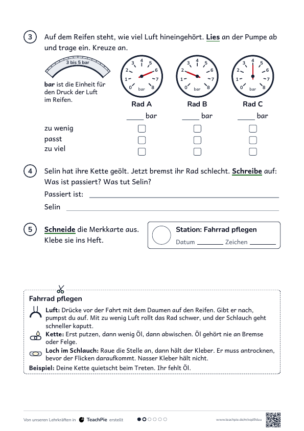 Fahrrad pflegen: Merkblatt Schlauch flicken, Seite 2 von 2, Basis, Schülerblatt