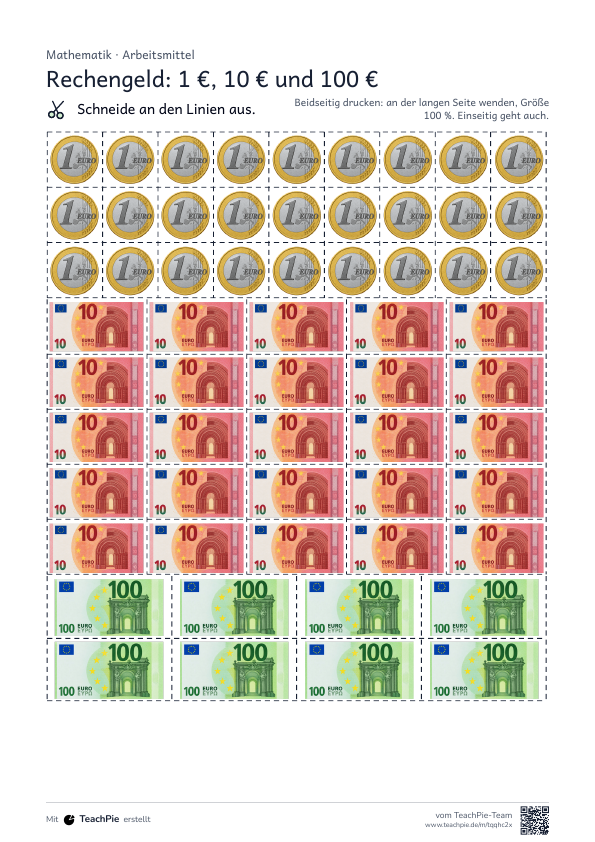 Rechengeld: 1 Euro, 10 Euro, 100 Euro, Seite 1 von 2, Basis, Schülerblatt