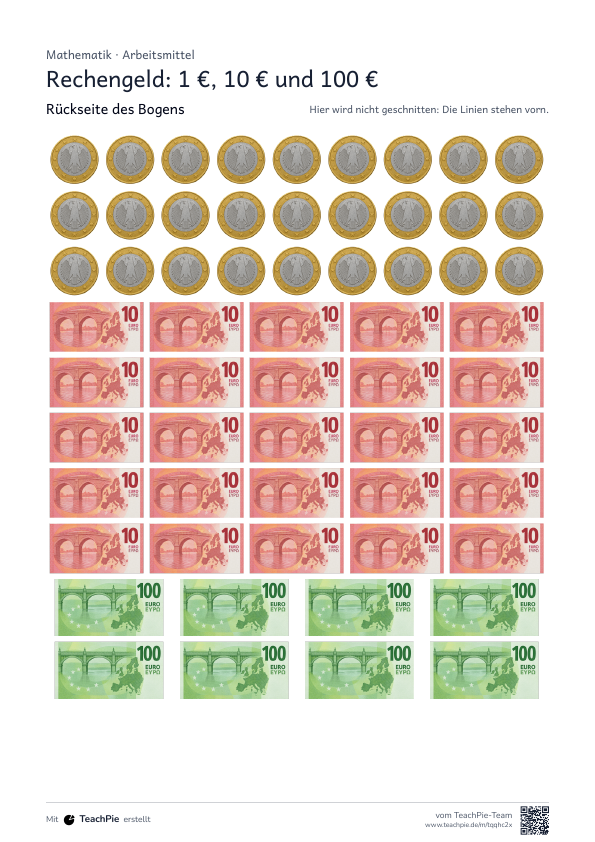 Rechengeld: 1 Euro, 10 Euro, 100 Euro, Seite 2 von 2, Basis, Schülerblatt