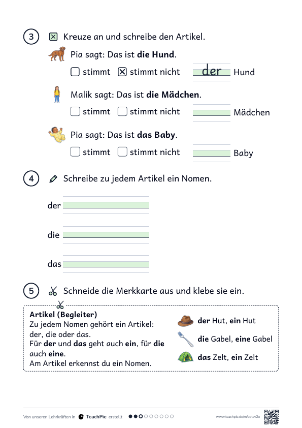 Artikel der, die, das: Merkblatt und Übungen, Seite 2 von 2, Basis, Schülerblatt