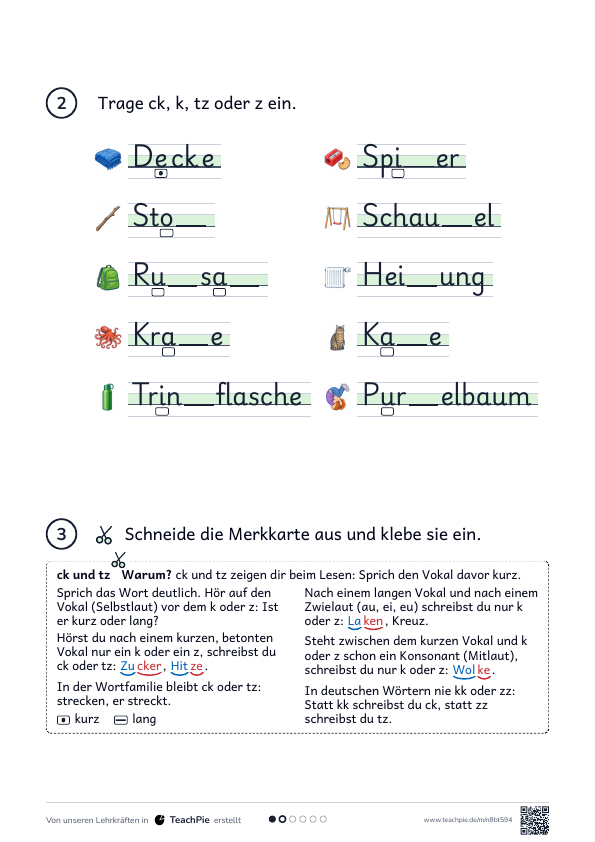 ck und tz: Merkblatt und Übungen, Seite 2 von 2, Basis, Schülerblatt