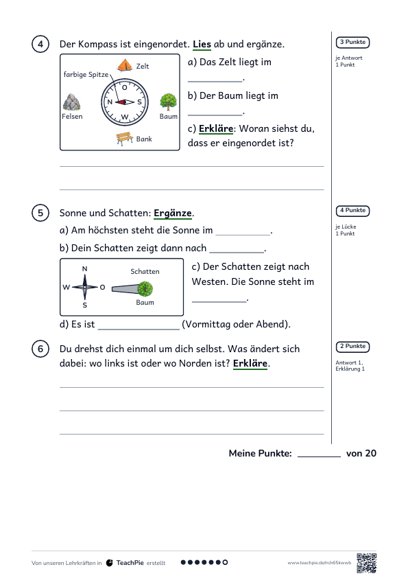 Himmelsrichtungen: Test mit Lösung, Seite 2 von 2, Basis, Schülerblatt