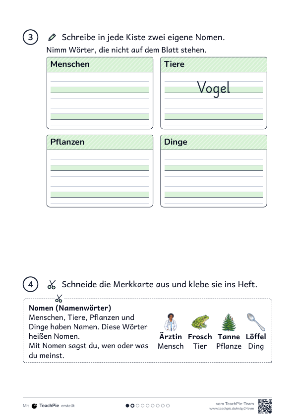 Nomen erkennen: Merkblatt und Übungen, Seite 2 von 2, Basis, Schülerblatt