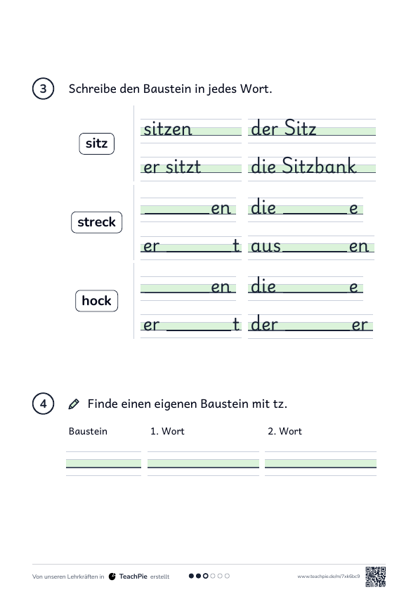ck und tz: Übungen mit Wortfamilien, Seite 2 von 2, Basis, Schülerblatt