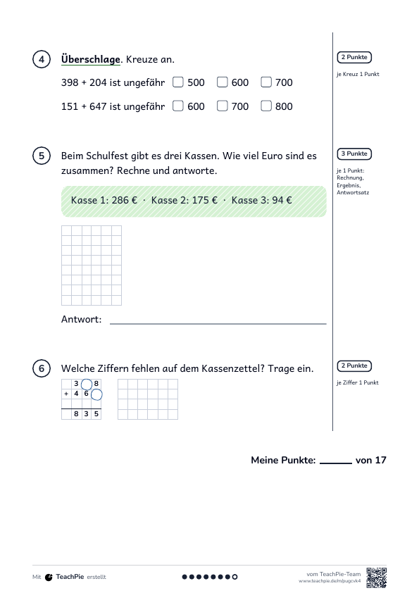 Schriftliche Addition: Test mit Lösung, Seite 2 von 2, Basis, Schülerblatt