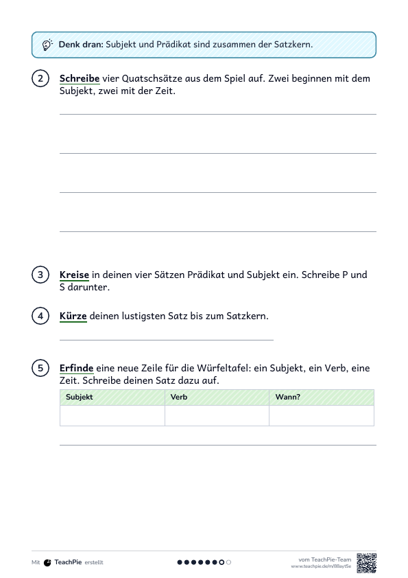 Subjekt und Prädikat: Würfelspiel, Seite 2 von 2, Basis, Schülerblatt