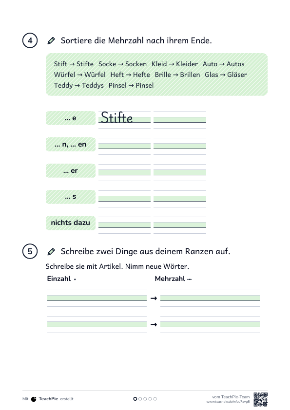 Einzahl und Mehrzahl: Einführung, Seite 2 von 2, Basis, Schülerblatt