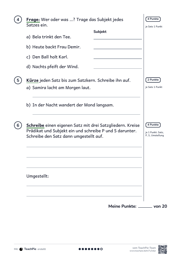 Subjekt und Prädikat: Test mit Lösung, Seite 2 von 2, Basis, Schülerblatt