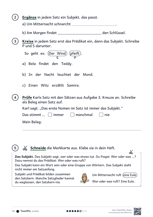 Subjekt: Merkblatt und Übungen, Seite 2 von 2, Basis, Schülerblatt