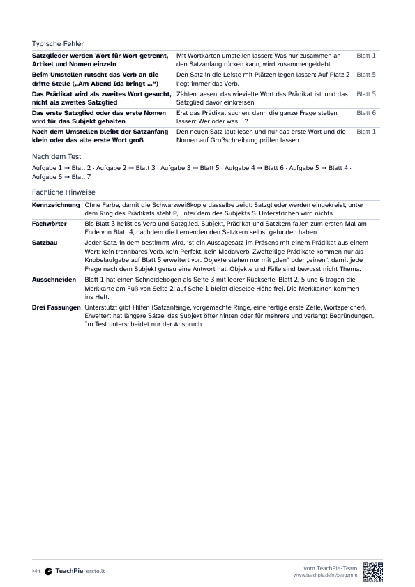 Satzglieder: Überblick für Lehrkräfte, Seite 2 von 2, Basis, Schülerblatt