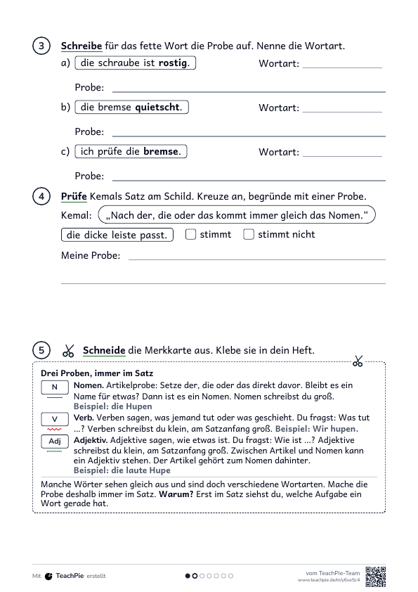 Wortarten bestimmen: Merkblatt Proben, Seite 2 von 2, Basis, Schülerblatt