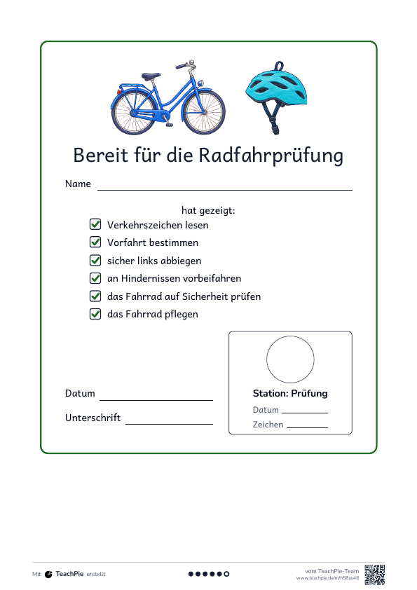 Radfahrprüfung: Test mit Lösung, Seite 3 von 3, Basis, Schülerblatt