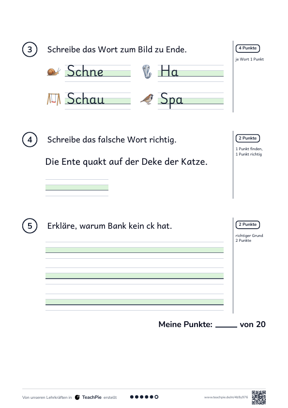 ck und tz: Test mit Lösung, Seite 2 von 2, Basis, Schülerblatt