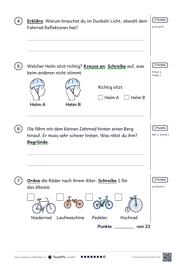 Verkehrssicheres Fahrrad: Test mit Lösung, Seite 2 von 2, Basis, Schülerblatt