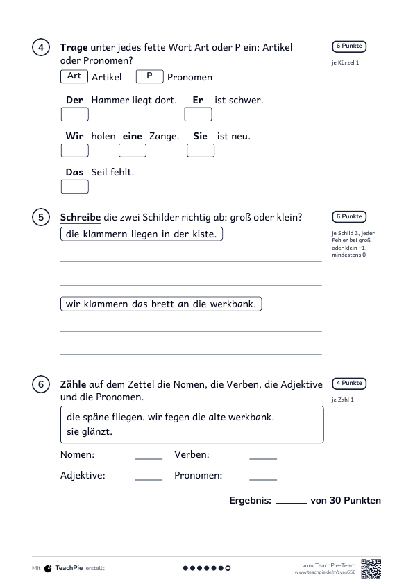 Wortarten: Test mit Lösung, Seite 2 von 2, Basis, Schülerblatt