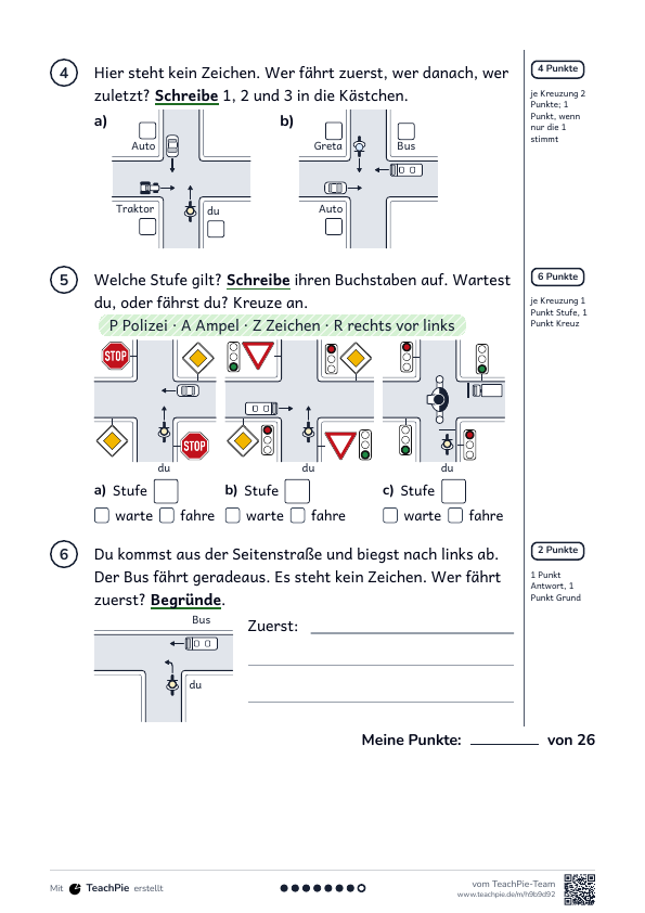 Verkehrszeichen und Vorfahrt: Test mit Lösung, Seite 2 von 2, Basis, Schülerblatt