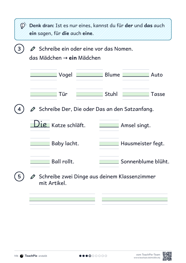 Begleiter: Übungen der, die, das, ein, eine, Seite 2 von 2, Basis, Schülerblatt