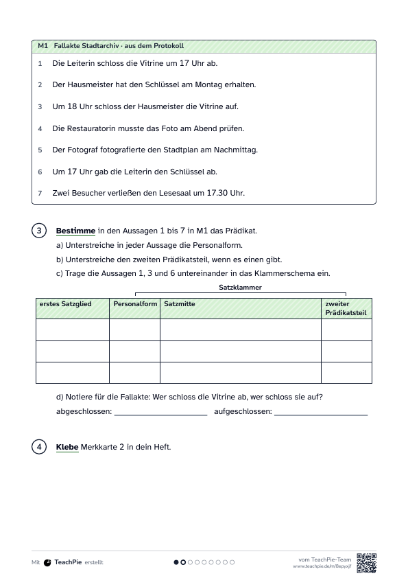 Prädikat: Merkblatt zur Satzklammer, Seite 2 von 2, Basis, Schülerblatt