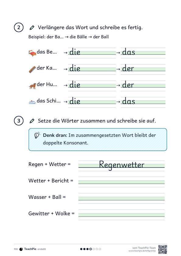 Doppelte Konsonanten: Übungen zum Verlängern, Seite 2 von 2, Basis, Schülerblatt