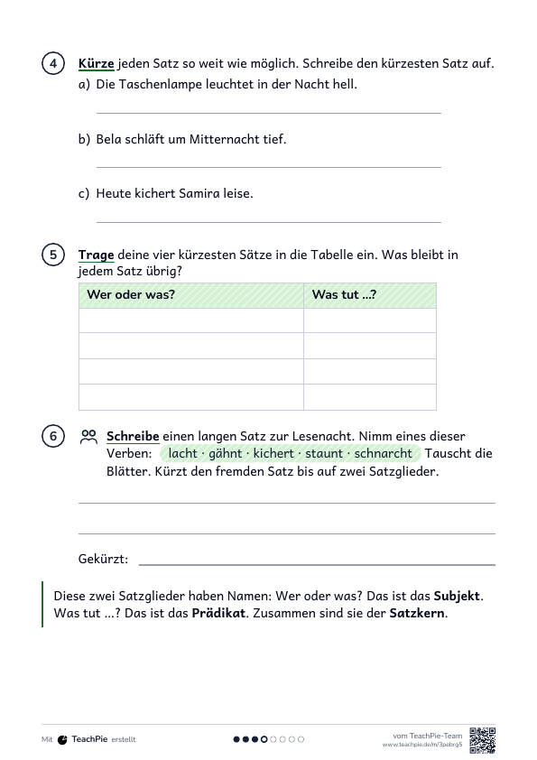 Satzkern: Einführung Subjekt und Prädikat, Seite 2 von 2, Basis, Schülerblatt