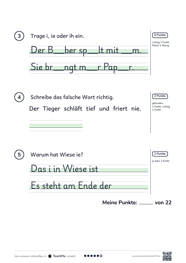 Wörter mit ie: Test mit Lösung, Seite 2 von 2, Basis, Schülerblatt