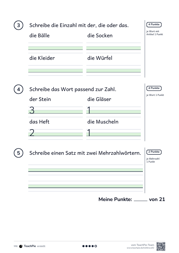 Einzahl und Mehrzahl: Test mit Lösung, Seite 2 von 2, Basis, Schülerblatt