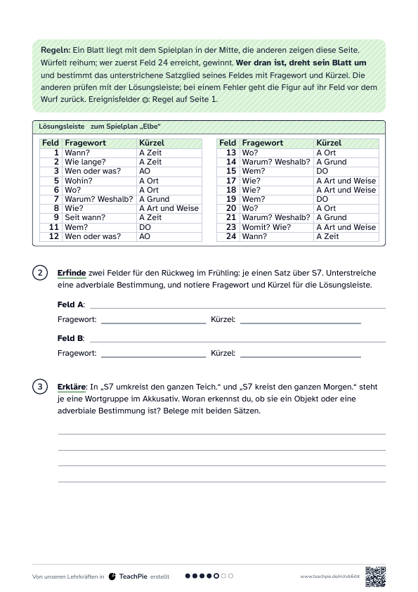 Adverbiale Bestimmungen: Würfelspiel, Seite 2 von 2, Basis, Schülerblatt