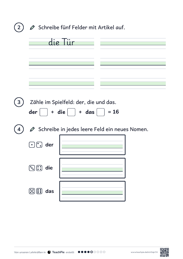Artikel: Würfelspiel der, die, das, Seite 2 von 2, Basis, Schülerblatt