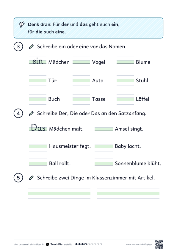Begleiter: Übungen der, die, das, ein, eine, Seite 2 von 2, Basis, Schülerblatt