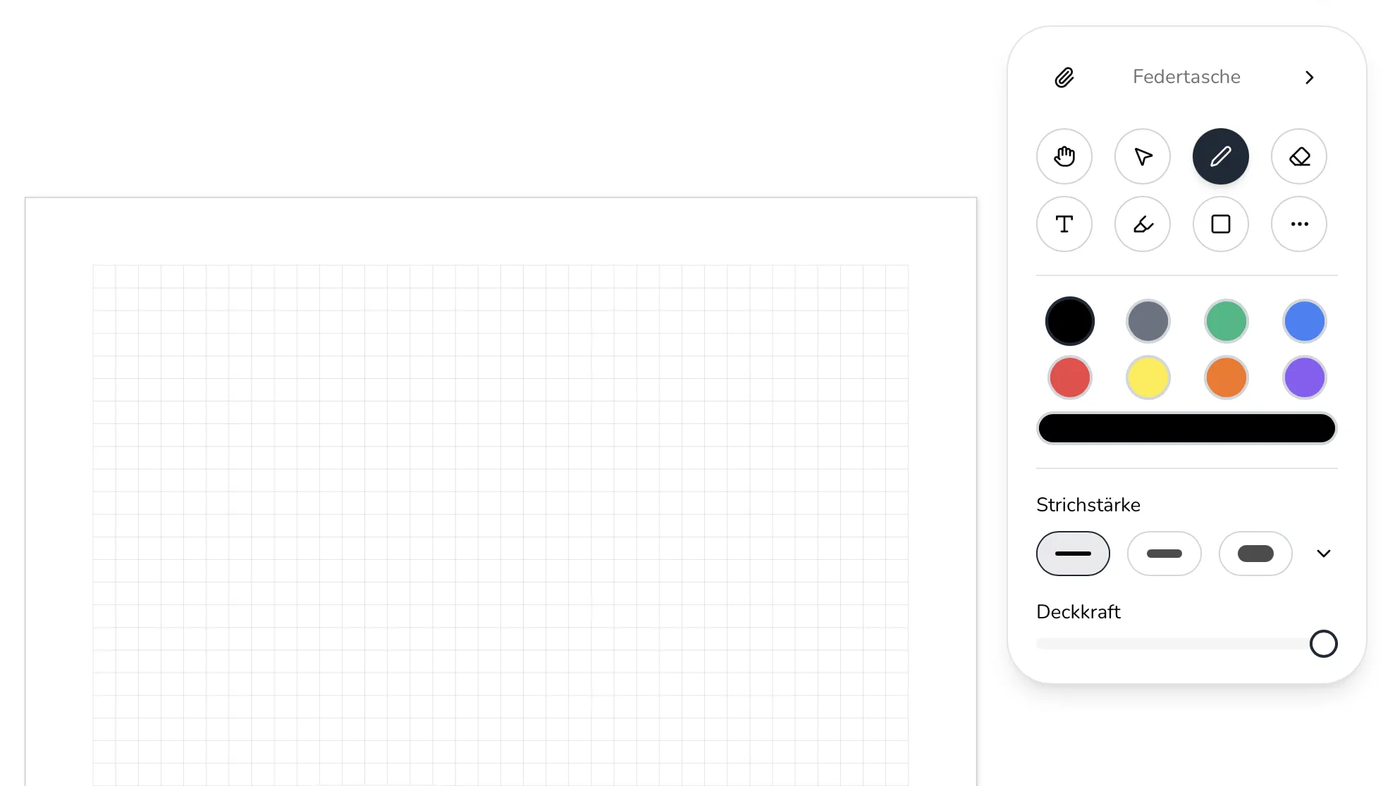 TeachPie Lernbereich mit digitaler Federtasche und Zeichenwerkzeugen