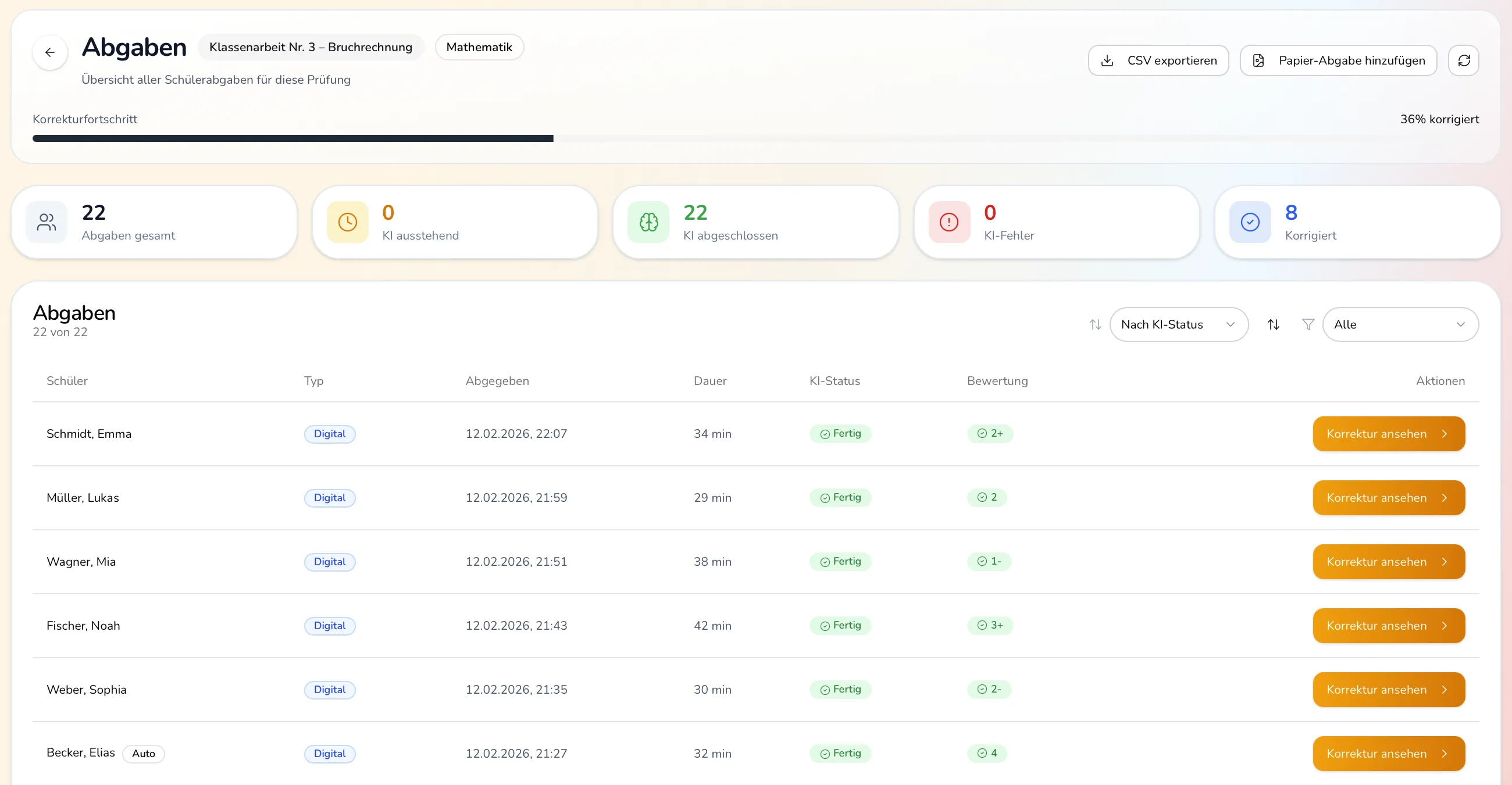 TeachPie Korrekturübersicht mit KI-Status und Bewertungen